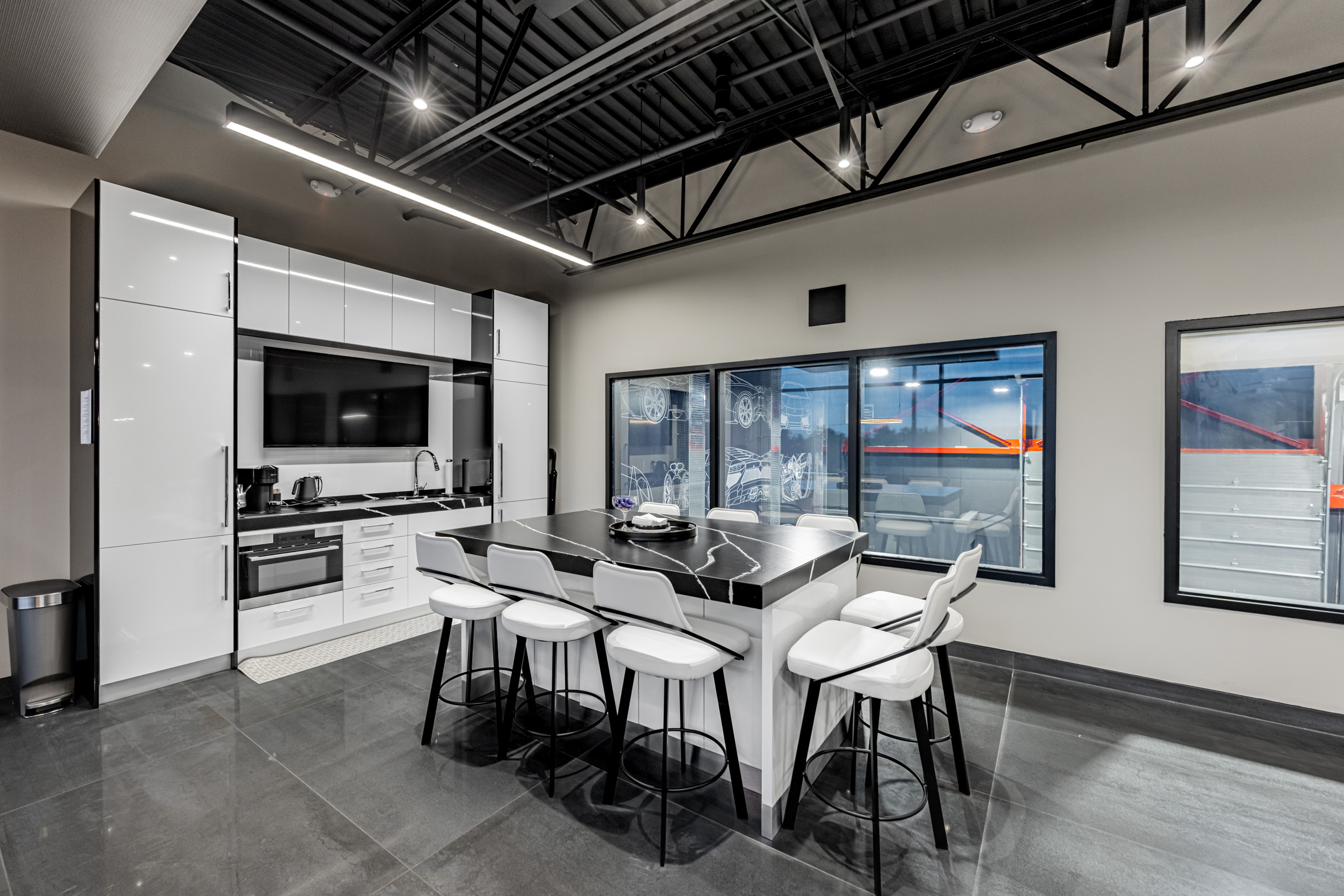 Second-floor kitchen island and seating.